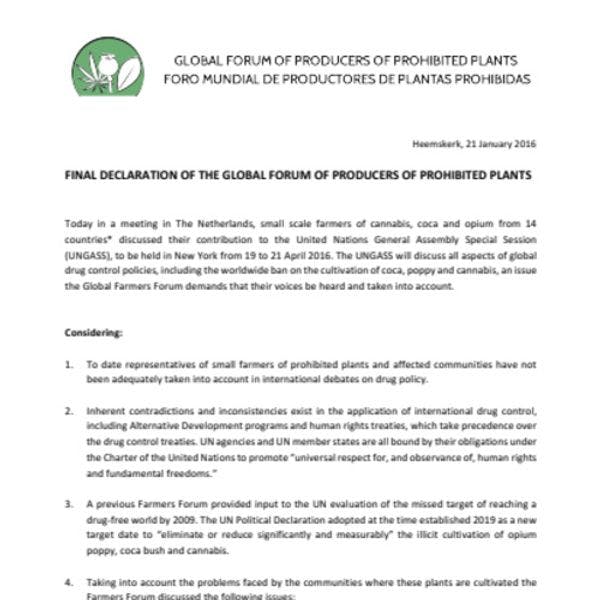 La Déclaration Heemskerk: Déclaration finale du Forum mondial des producteurs de plantes illicites