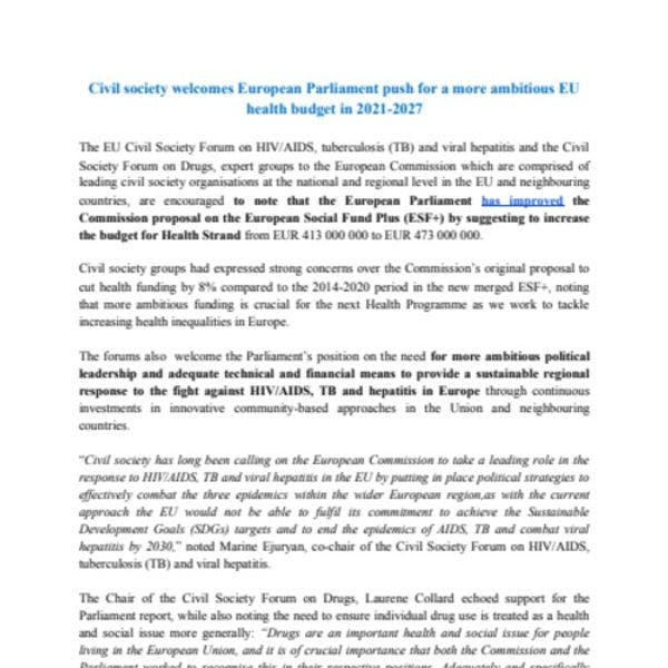 La société civile se félicite des efforts du Parlement européen en faveur d'un budget de la santé plus ambitieux de l'UE pour 2021-2027