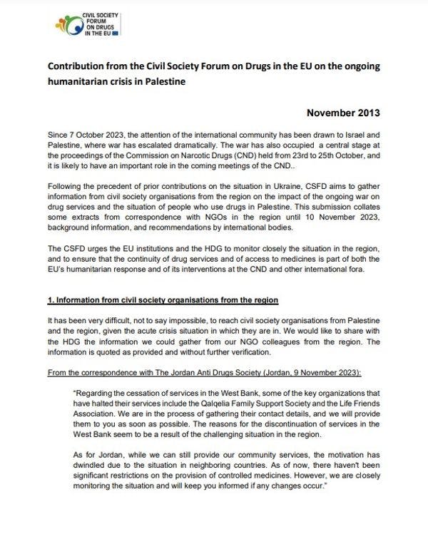 Contribution du Forum de la société civile sur les drogues de l'UE sur la crise humanitaire en cours en Palestine