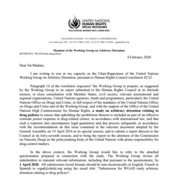Arbitrary detention and drug policies - Call for input by the Working Group on Arbitrary Detention