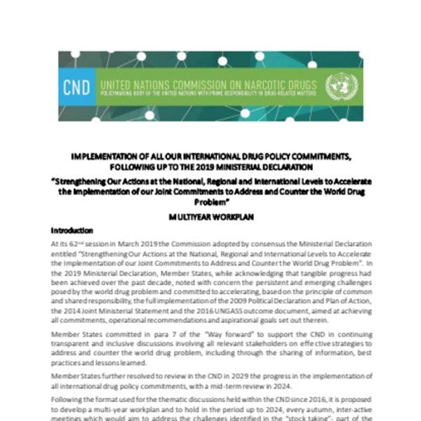 Debates temáticos de la CND sobre la puesta en marcha de los acuerdos internacionales en materia de políticas de drogas en seguimiento a la Declaración Ministerial de 2019