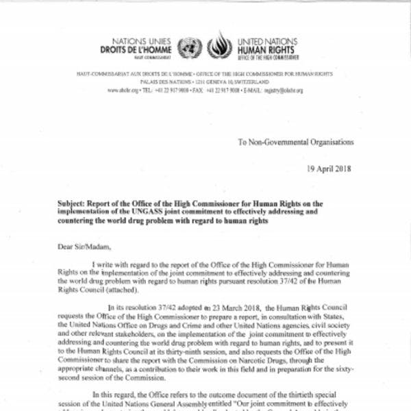 Rapport de l'OHCDH sur la mise en œuvre du document final de l'UNGASS en relation aux droits humains